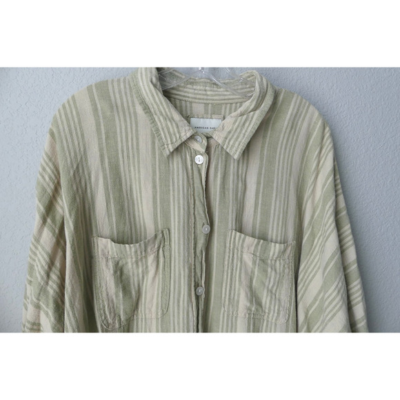 American Eagle Linen Striped Shirt XL Button Oversized Green Woven Cream - Picture 2 of 9